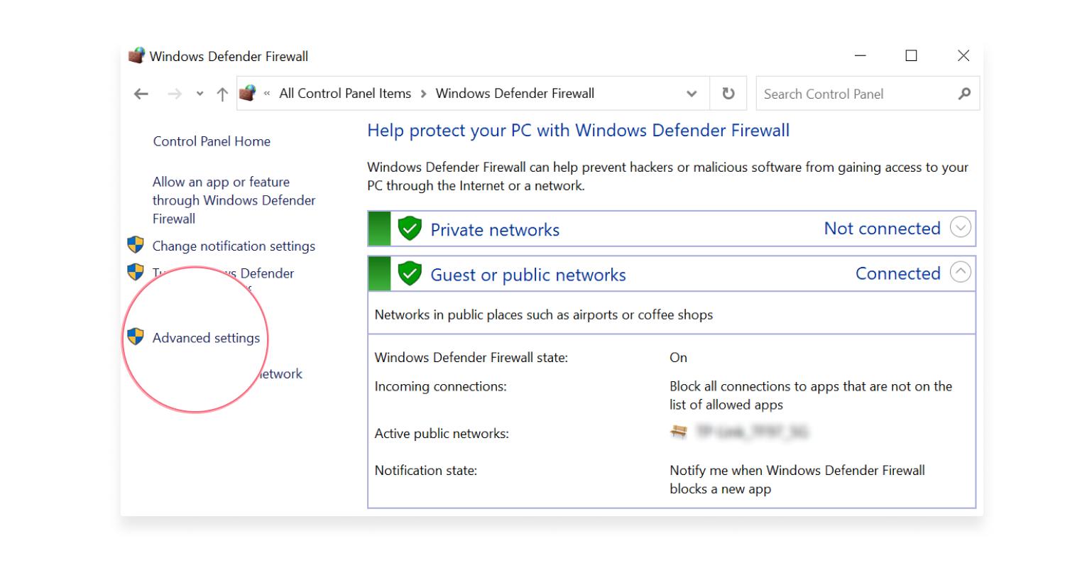 advanced settings in windows defender firewall