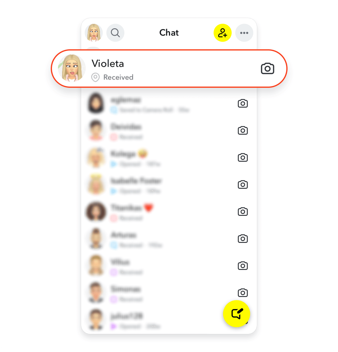 Snapchat Chat screen with a contact highlighted in a red circle, showing their Bitmoji avatar and “Received” status.