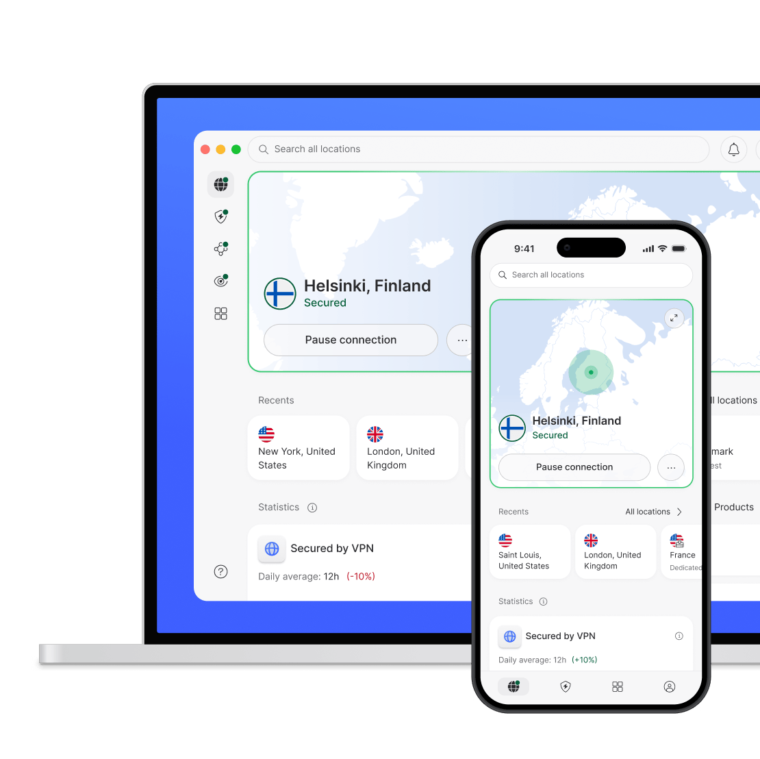NordVPN:n avulla suojatut kannettava tietokone ja älypuhelin.
