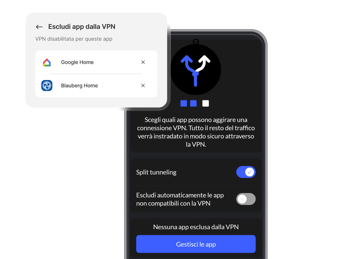 Smartphone con l&#39;app NordVPN installata e lo split tunneling attivato.