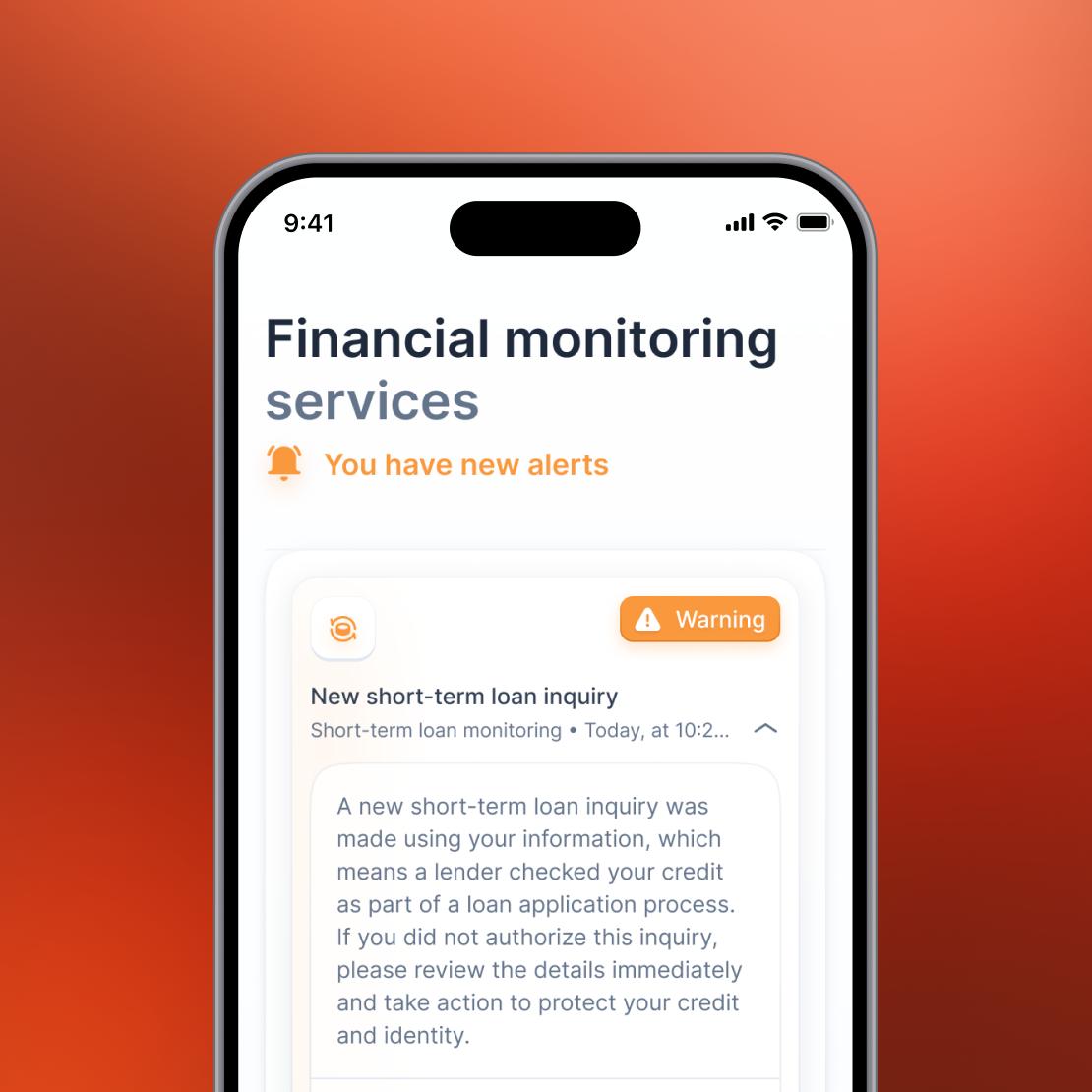 A smartphone with a Coveron financial account monitoring alert for unsolicited short-term loan inquiries.
