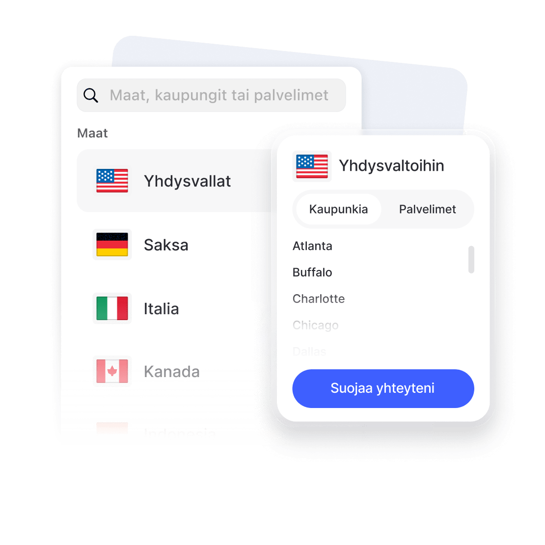 Windowsiin sopivan VPN:n ohjelmiston käyttöliittymä pöytäkoneille ja kannettaville tietokoneille.