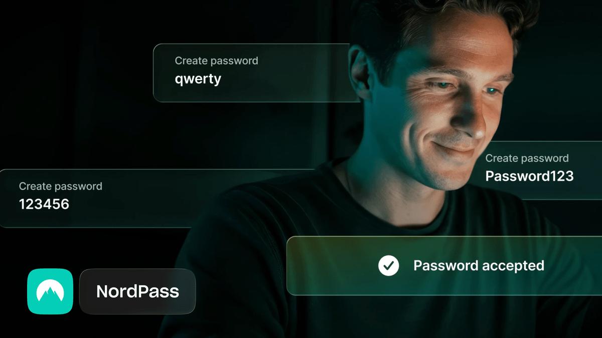 A person at a screen surrounded by weak passwords like qwerty and 123456, all accepted.