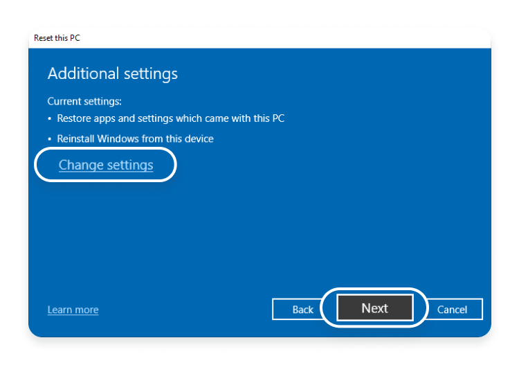 Windows10 Local reinstall Change settings