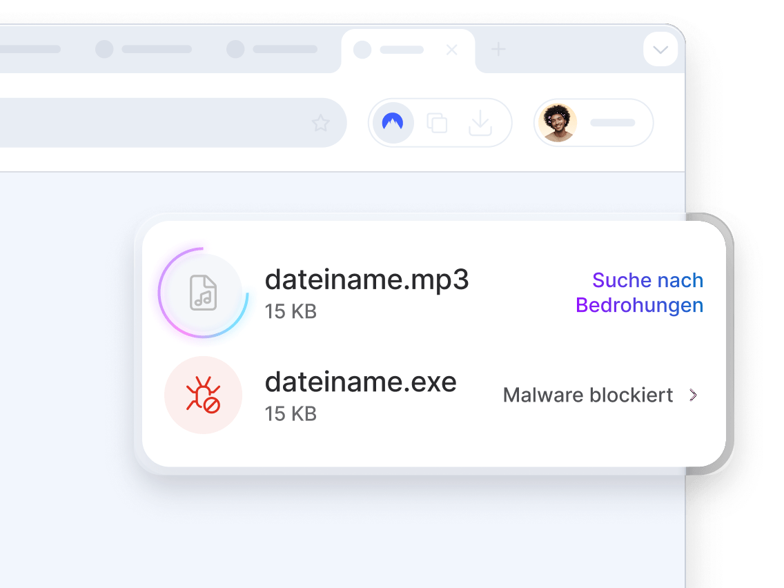 Ein Browser-Bildschirm, auf dem zu sehen ist, wie ein Antivirus der neuesten Generation eine MP3-Datei auf Bedrohungen überprüft und eine EXE-Datei blockiert, die Schadsoftware enthält.