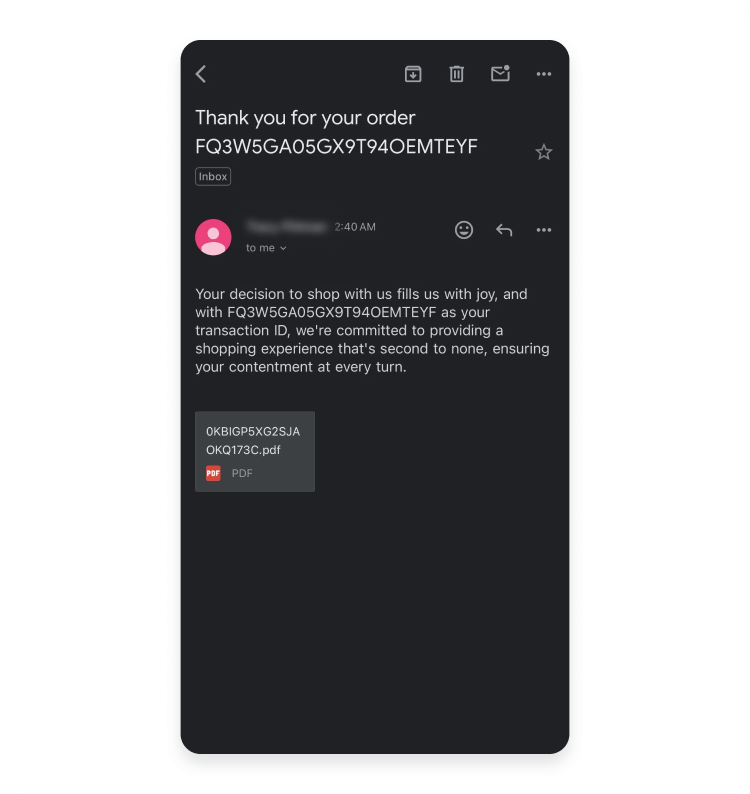 Unknown purchase phishing email example