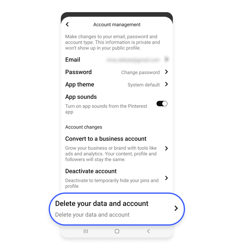 delete pinterest android delete data and account