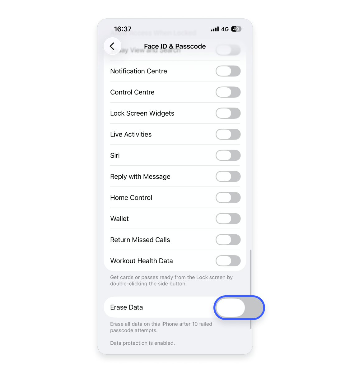 How to enable the “Erase data” feature on an iPhone: Step 3.