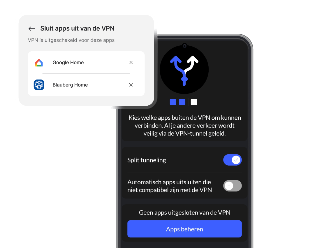 Smartphone met de NordVPN-app erop, split tunneling ingeschakeld.