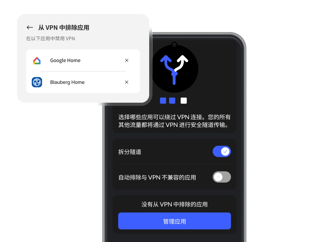 安装了 NordVPN 应用的智能手机，已开启拆分隧道。