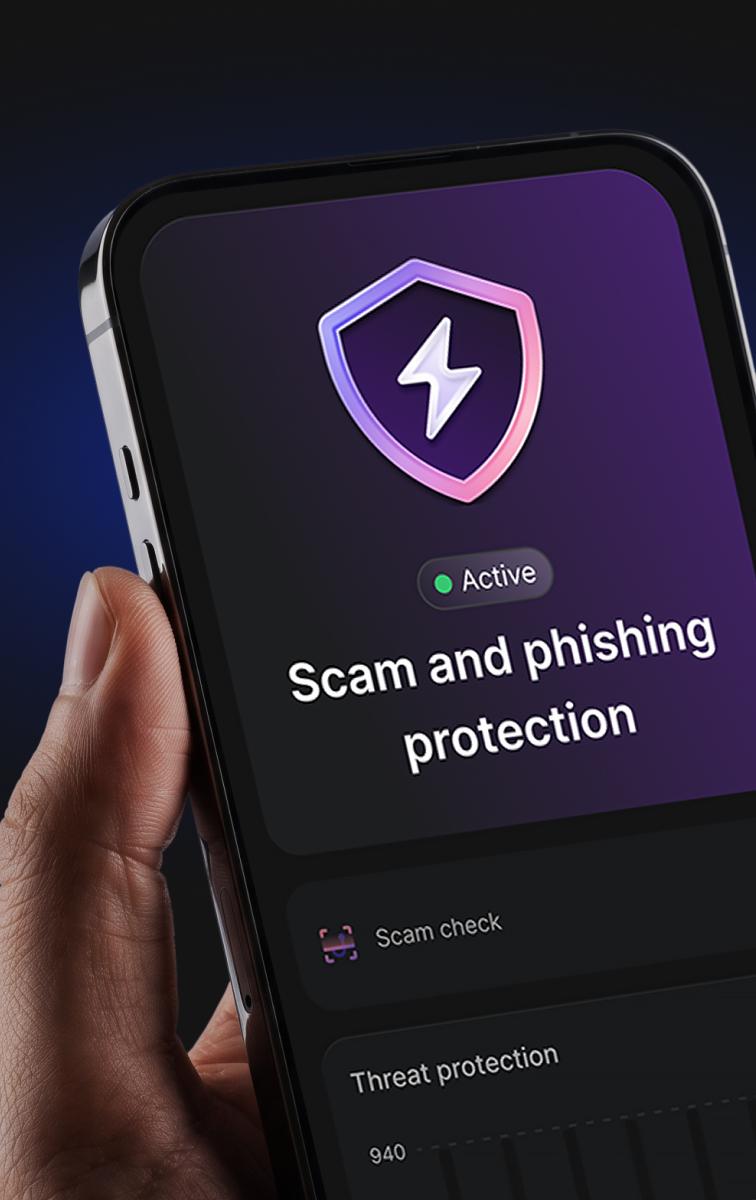 Smartphone with NordVPN’s scam and phishing protection highlighted.