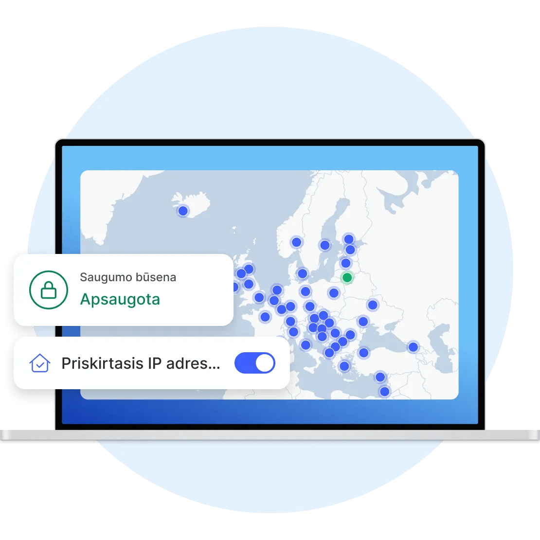 Nešiojamasis kompiuteris su įjungta „NordVPN“ programėle, kurioje naudojamas priskirtasis IP adresas Lietuvoje.