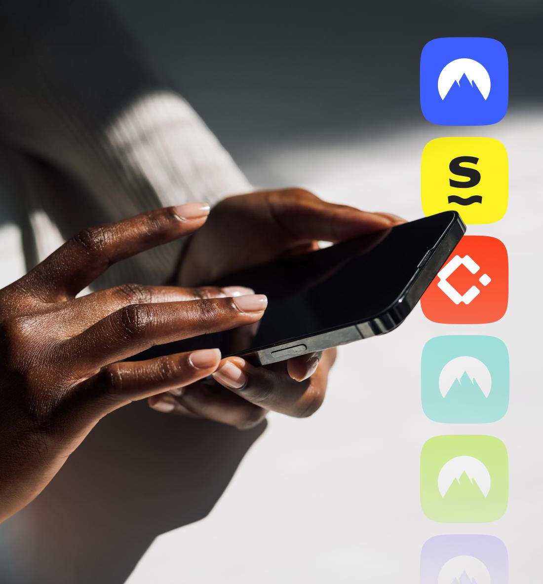 Hand holding a phone beside Nord Security app icons for NordVPN, Saily, and Coveron.