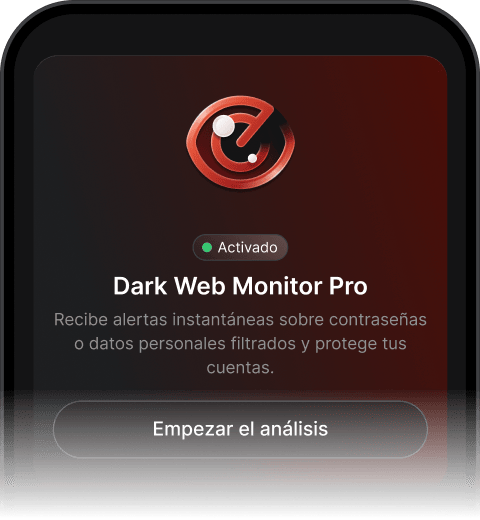 Interfaz de Dark Web Monitor Pro que muestra que la función está activa y configurada para enviar alertas sobre datos personales filtrados.