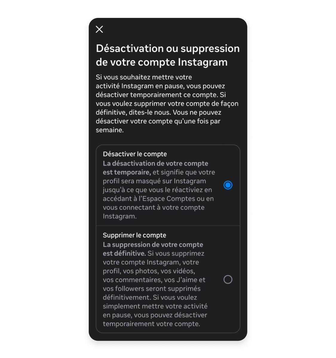 Désactivation d&#39;un compte Instagram sur mobile : appuyer sur Désactiver le compte, puis Continuer