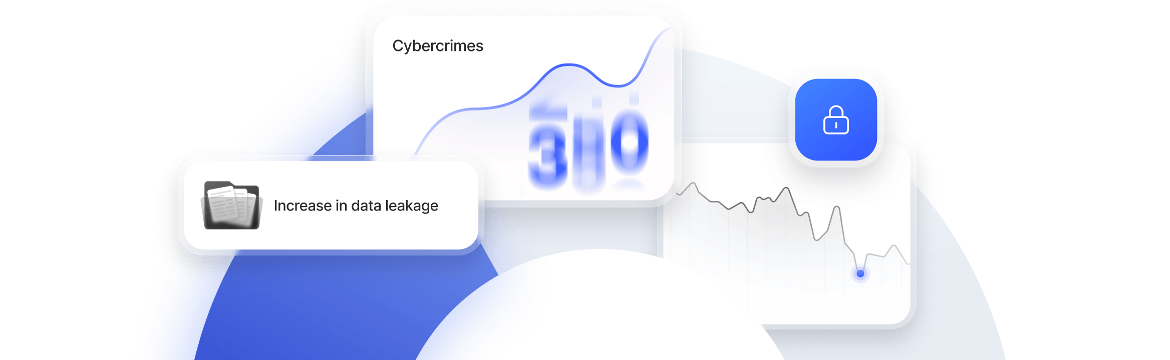 Cybercrime dashboard showing rising data leaks and security trends next to a lock icon representing security.