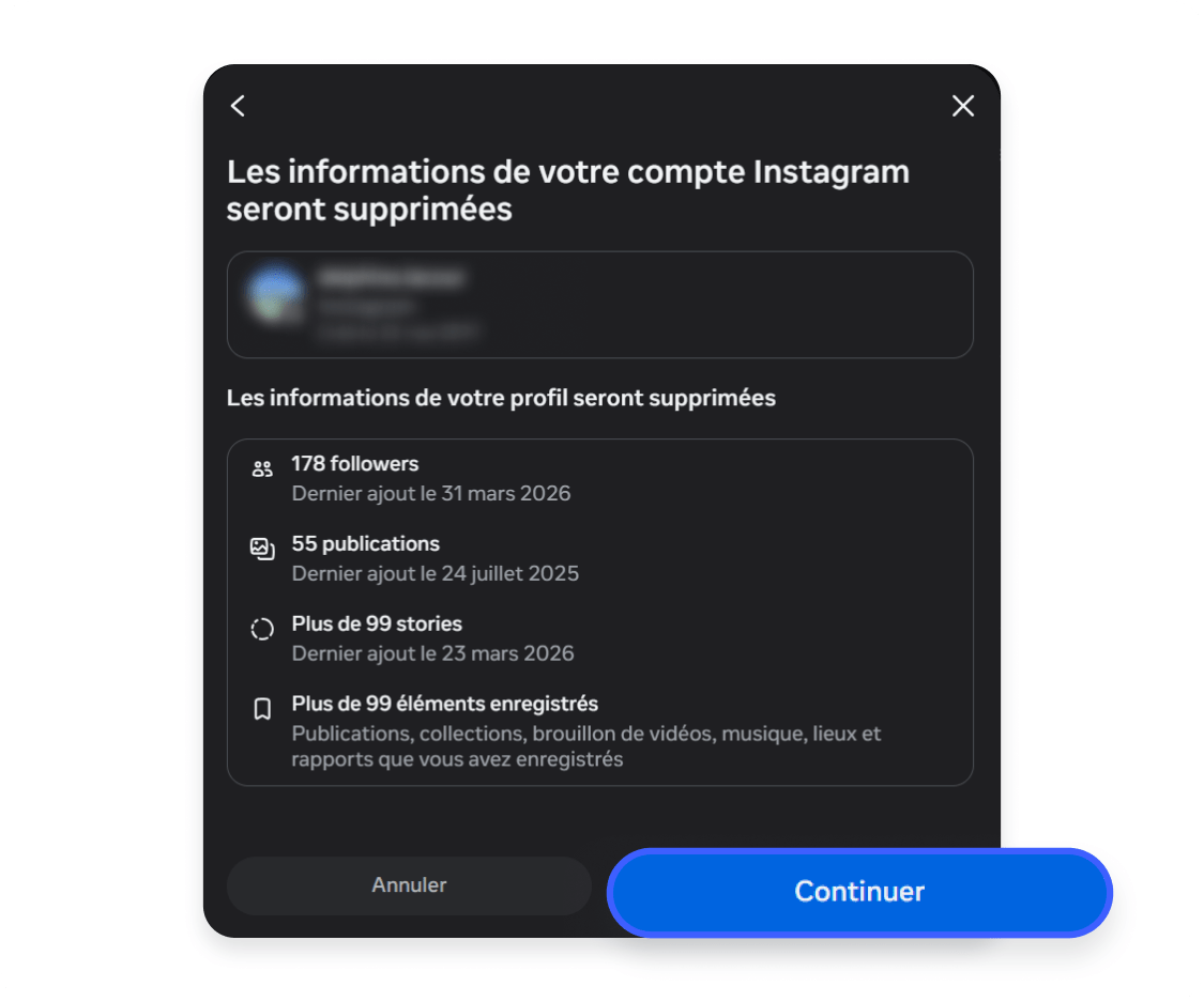 Suppression d&#39;un compte Instagram via un ordinateur : cliquer sur Continuer