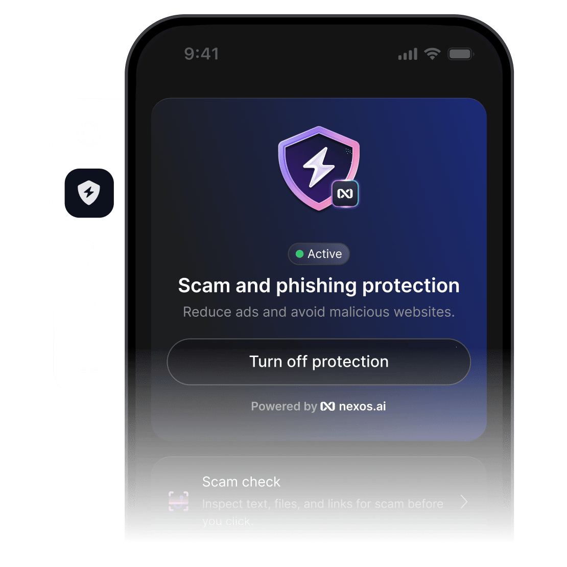 A smartphone screen with NordVPN’s app open and the scam and phishing protection feature active.