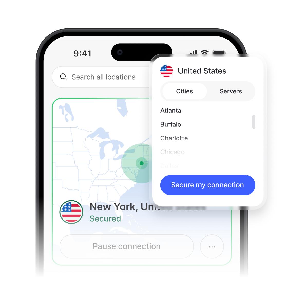 NordVPN app showing a secure connection and United States server list.