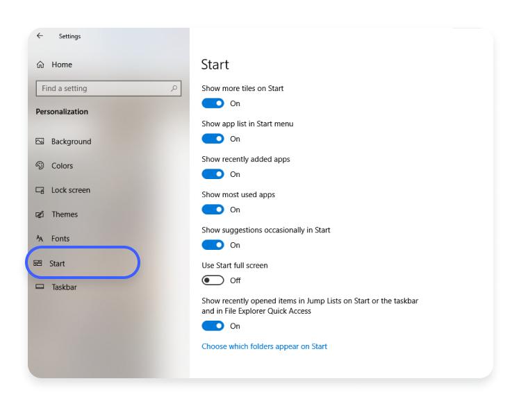 windows10 settings start