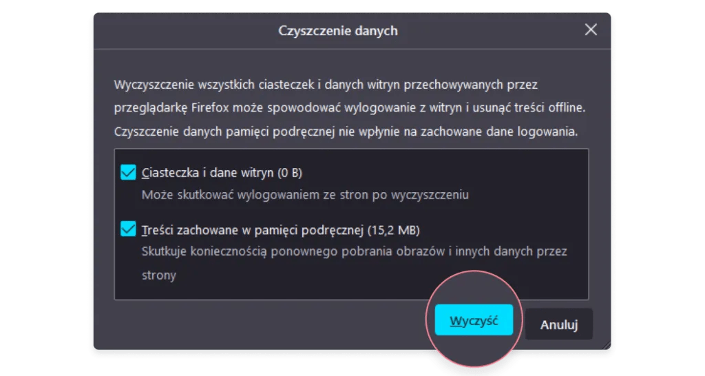 Czyszczenie cookies – Firefox: krok 3