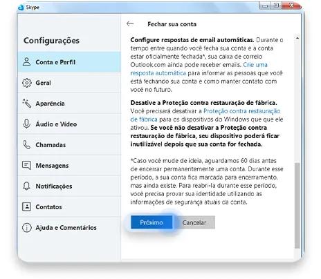 excluir conta skype:  passo nº5