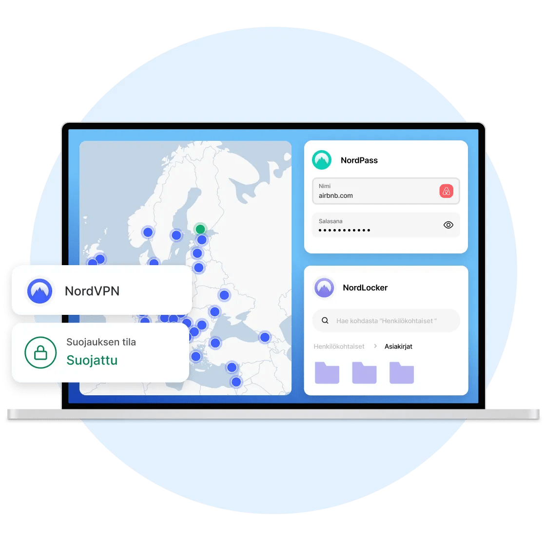 Kannettavan tietokoneen näyttö, jossa näkyvät asennettuina käyttäjää suojaavat NordVPN, NordPass ja NordLocker.