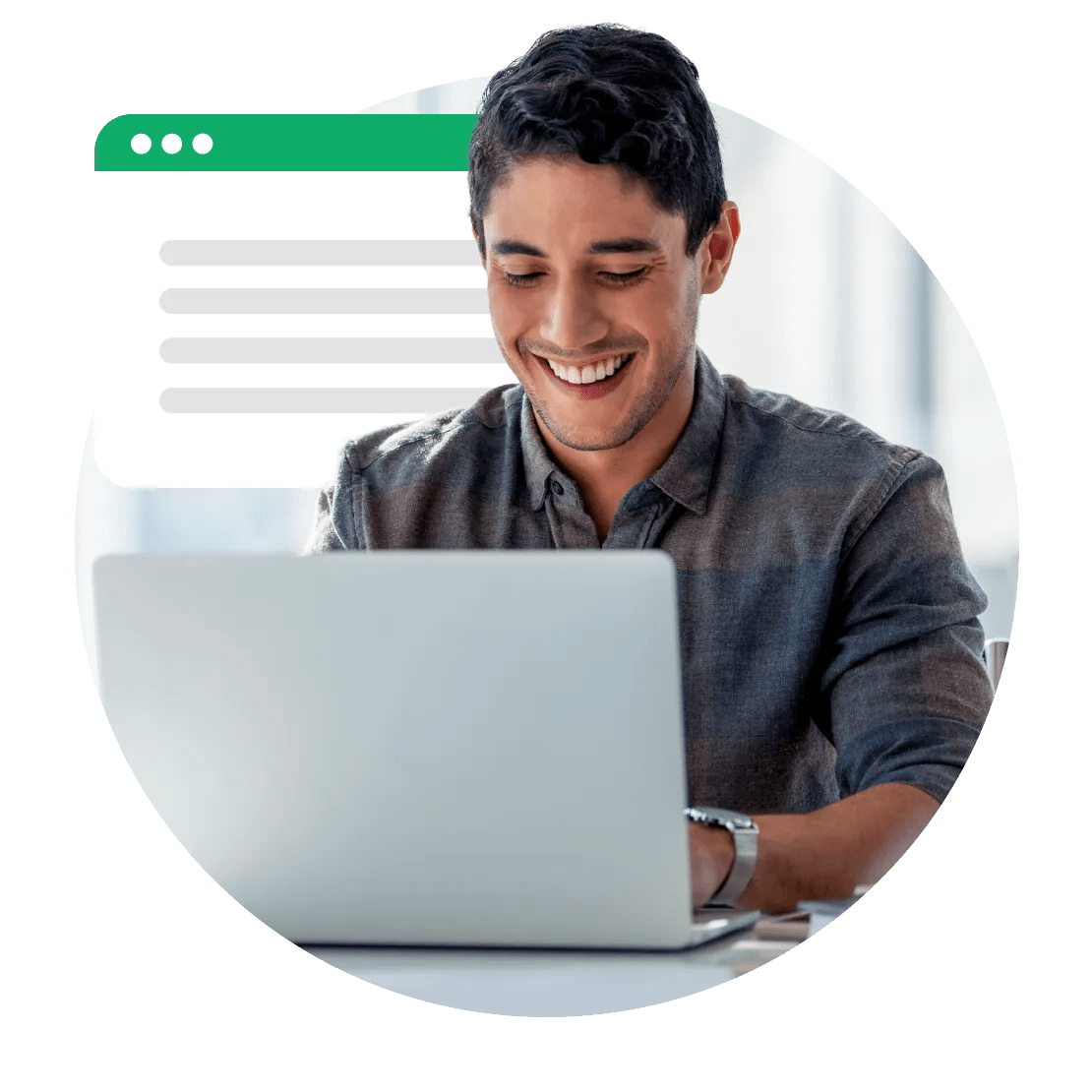 Um homem a escrever no seu portátil depois de usar a NordVPN para desbloquear o Quillbot no seu local.