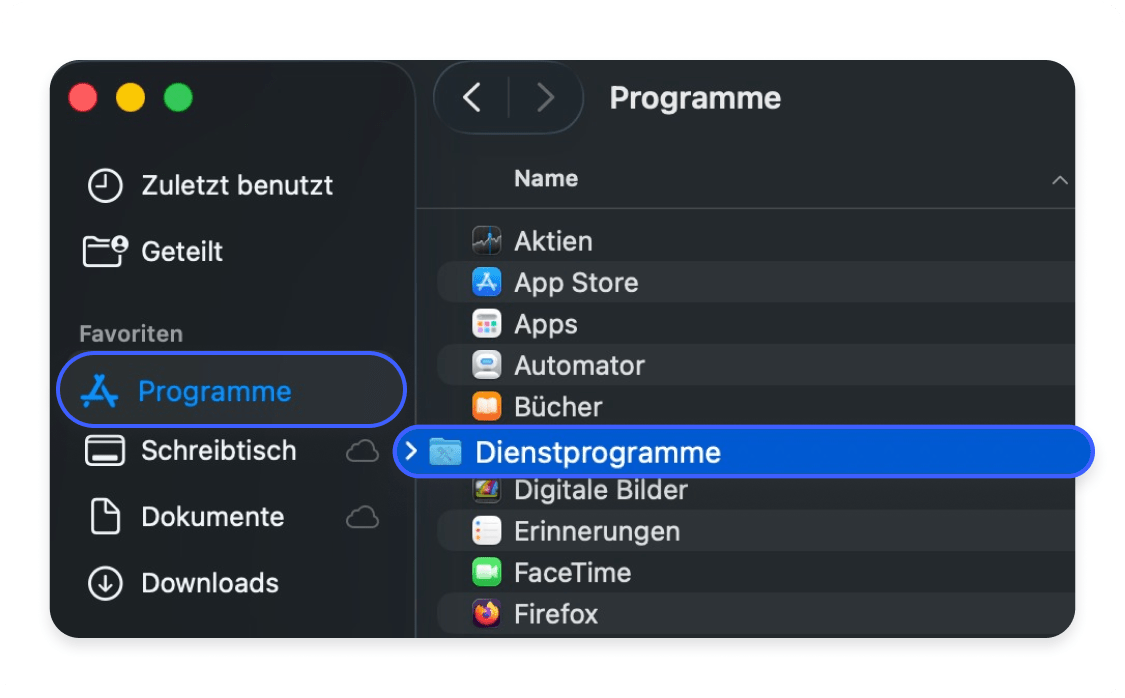 DNS Flush unter MacOS, Dienstprogramme öffnen