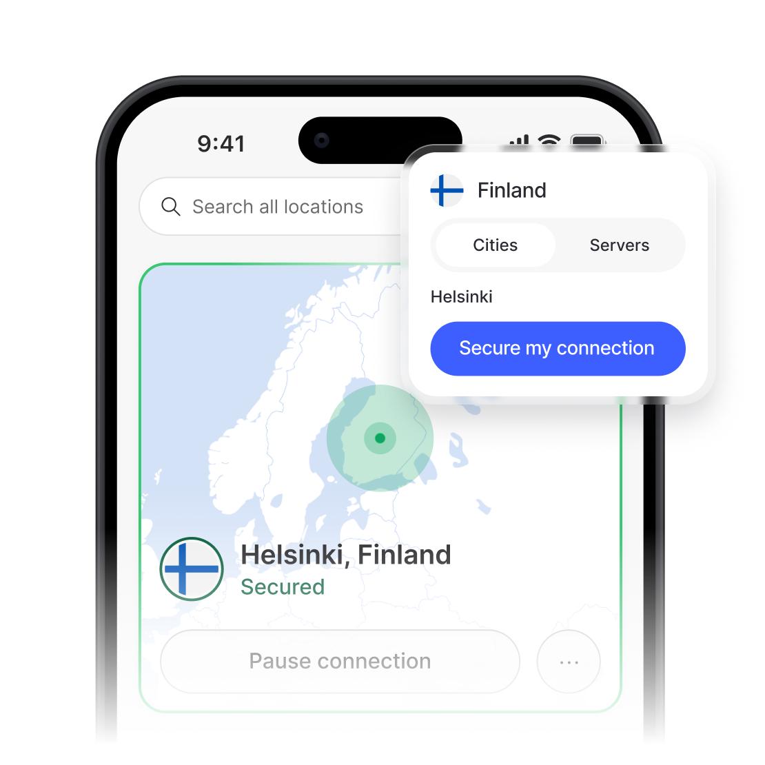 NordVPN-sovelluksessa näkyy turvallinen yhteys ja luettelo Suomessa sijaitsevista palvelimista.