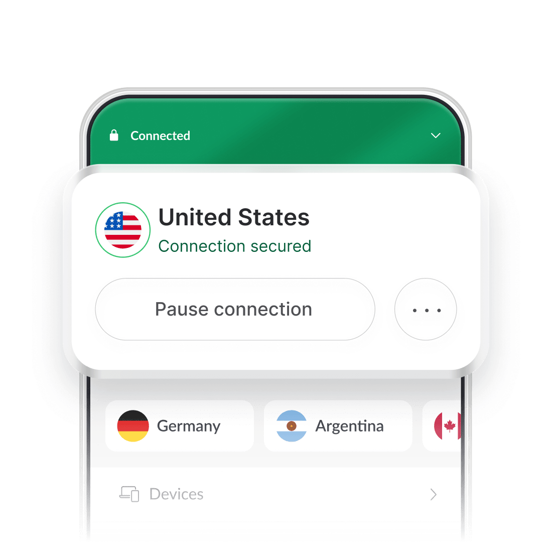 Screenshot of the NordVPN app interface with the US server selected.