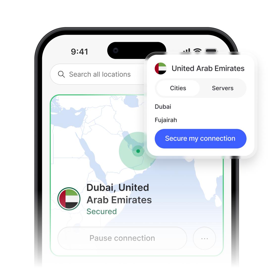 تطبيق NordVPN يعرض اتصالًا آمنًا وقائمة خوادم الإمارات العربية المتحدة.