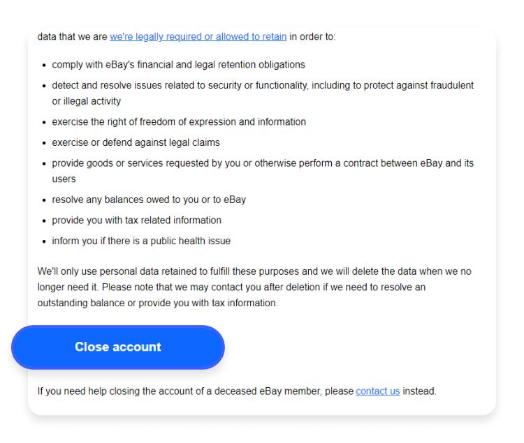 eBay close account button