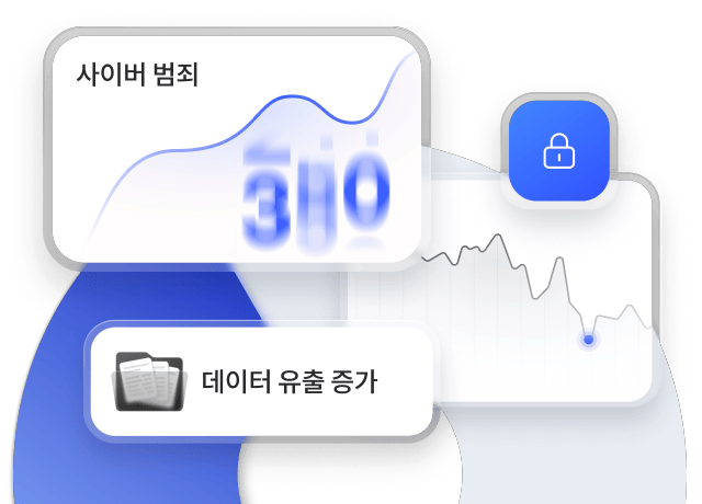 보안을 상징하는 자물쇠 아이콘 옆에 데이터 유출 증가 추세와 보안 동향을 보여주는 사이버 범죄 대시보드