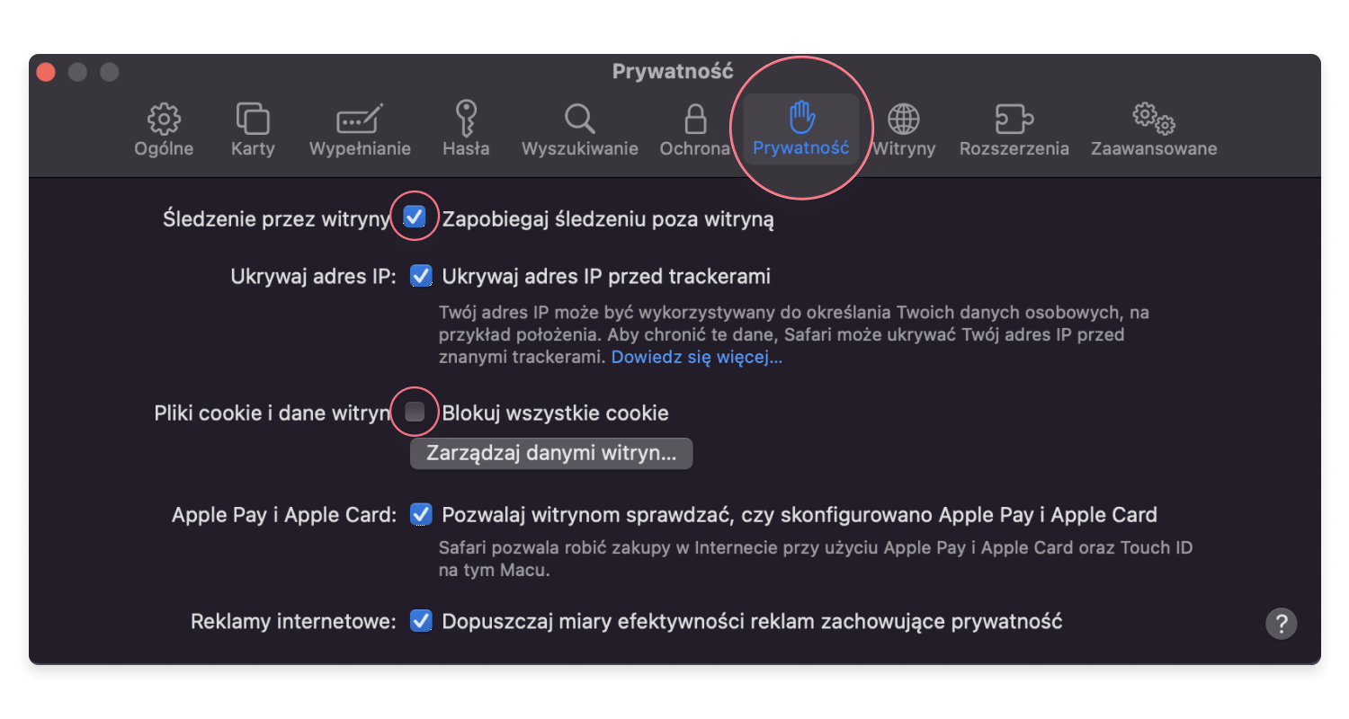 Ustawienia cookies w Safari
