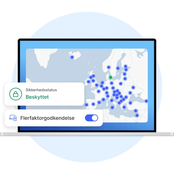 En skærm på en bærbar computer, der viser, at brugeren har beskyttet sin forbindelse ved at forbinde til en VPN-server.