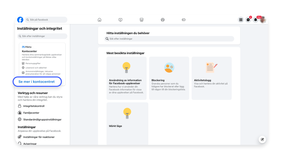 Steg-för-steg-guide för hur du exporterar dina data från Facebook. Steg 2: Klicka på &quot;Se mer i Kontocentret&quot;.