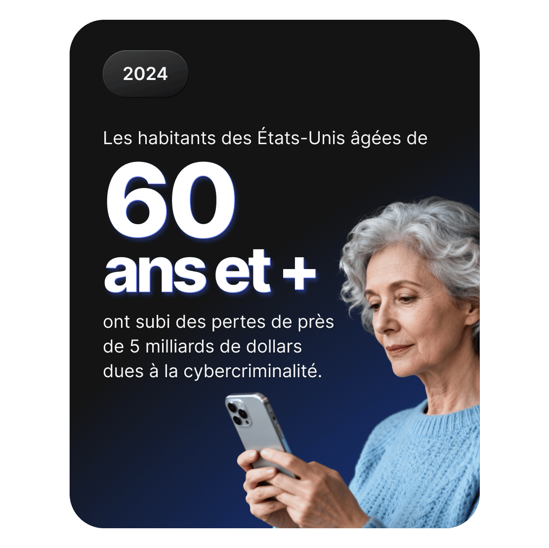 Une personne âgée utilisant un smartphone, ce qui représente près de 5 milliards de dollars perdus à cause de la cybercriminalité par les Américains de 60 ans et plus.