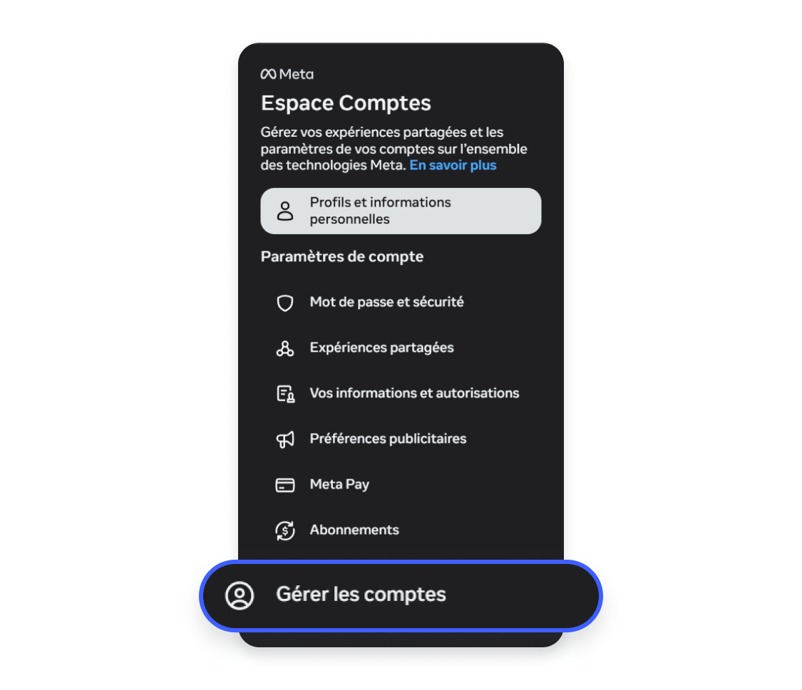 Suppression d&#39;un compte Instagram via un ordinateur : cliquer sur Gérer les comptes