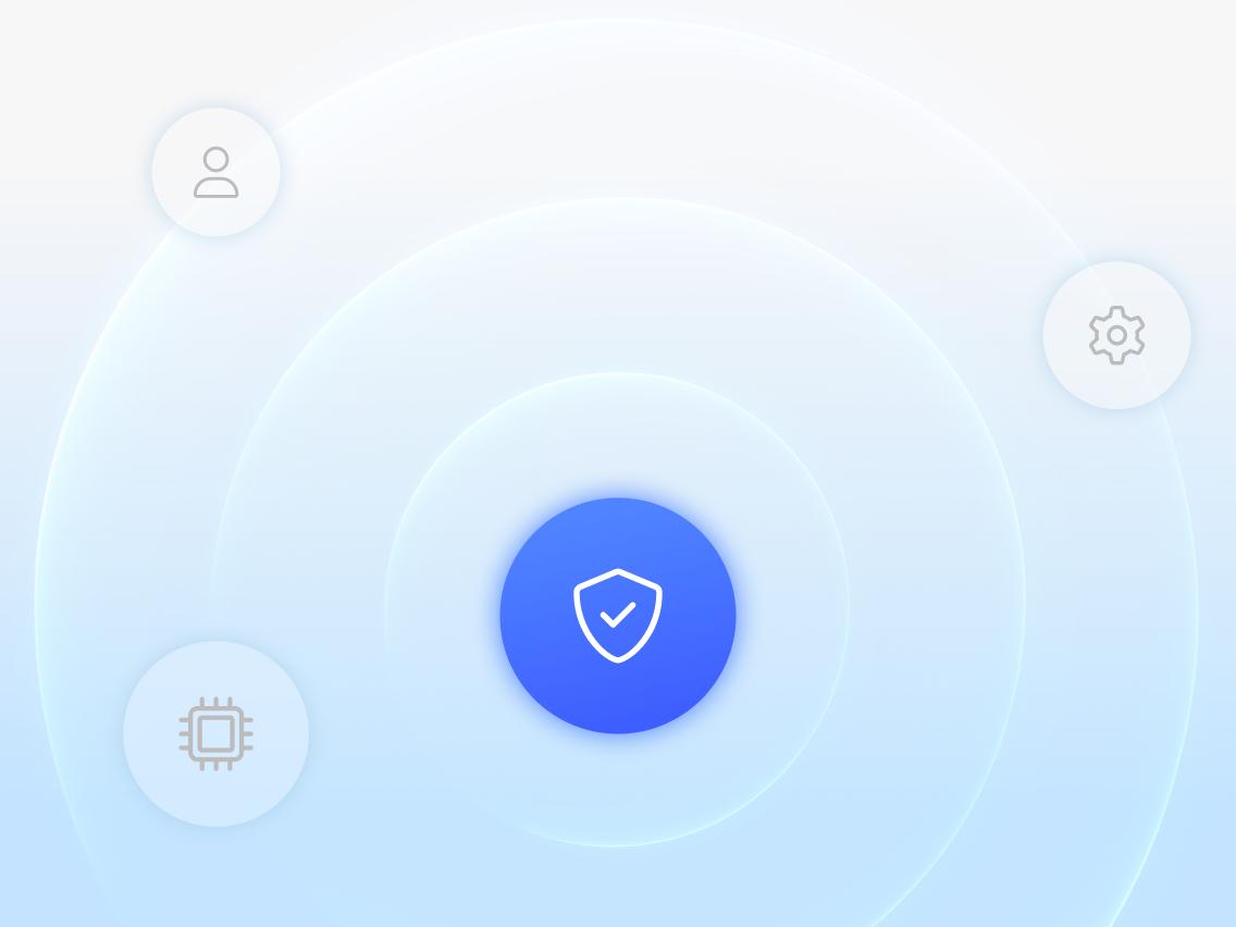 Illustration of cybersecurity with icons and a shield at the center.