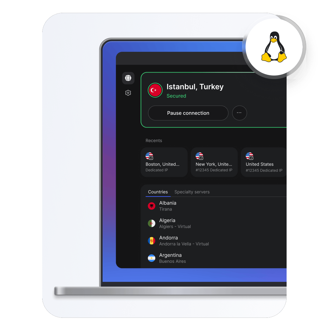 NordVPN uygulamasında, Linux VPN ülke sunucularının listesini içeren bir arama çubuğu.