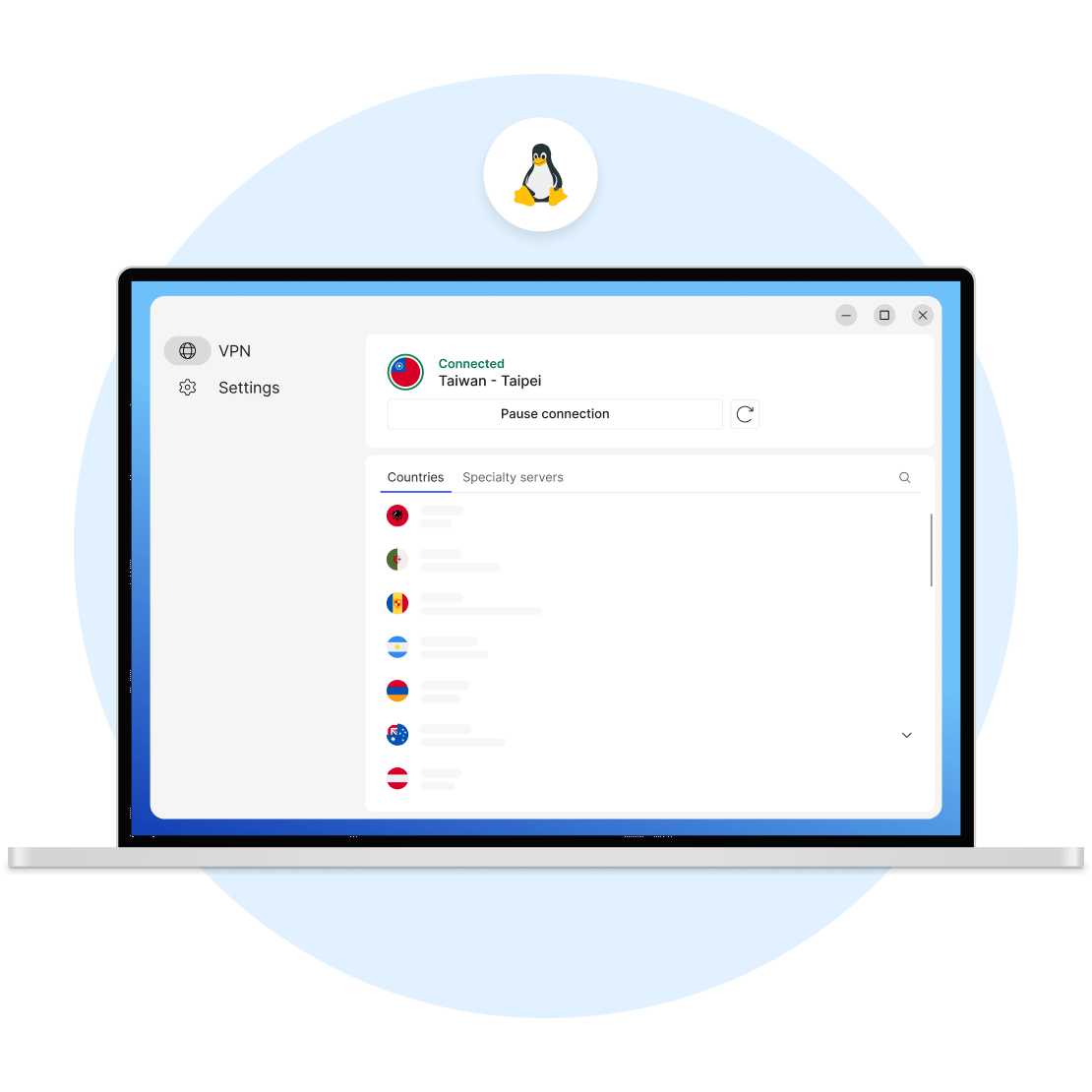 顯示 NordVPN 國家伺服器的筆記型電腦螢幕，免費 Linux 版 VPN 的替代方案。
