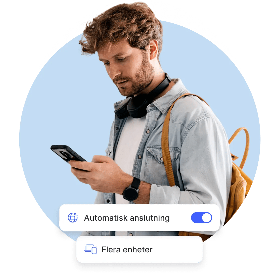 En man använder funktionen automatisk anslutning för att skydda alla sina enheter.