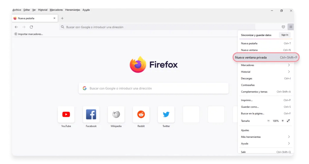 Modo incógnito para Firefox