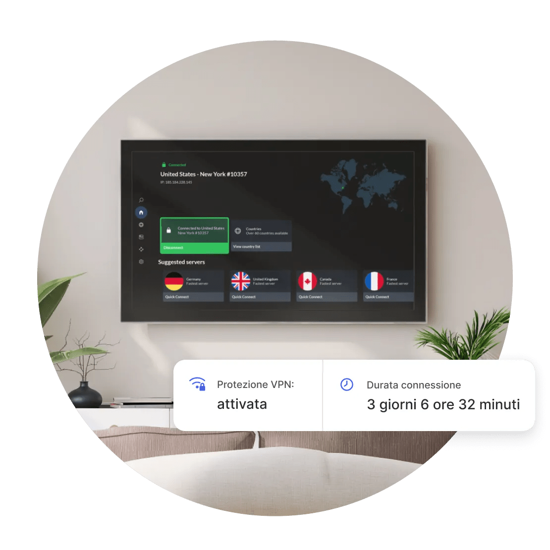 Una TV collegata a un server NordVPN, protetta da minacce da 3 giorni, 6 ore e 32 minuti.