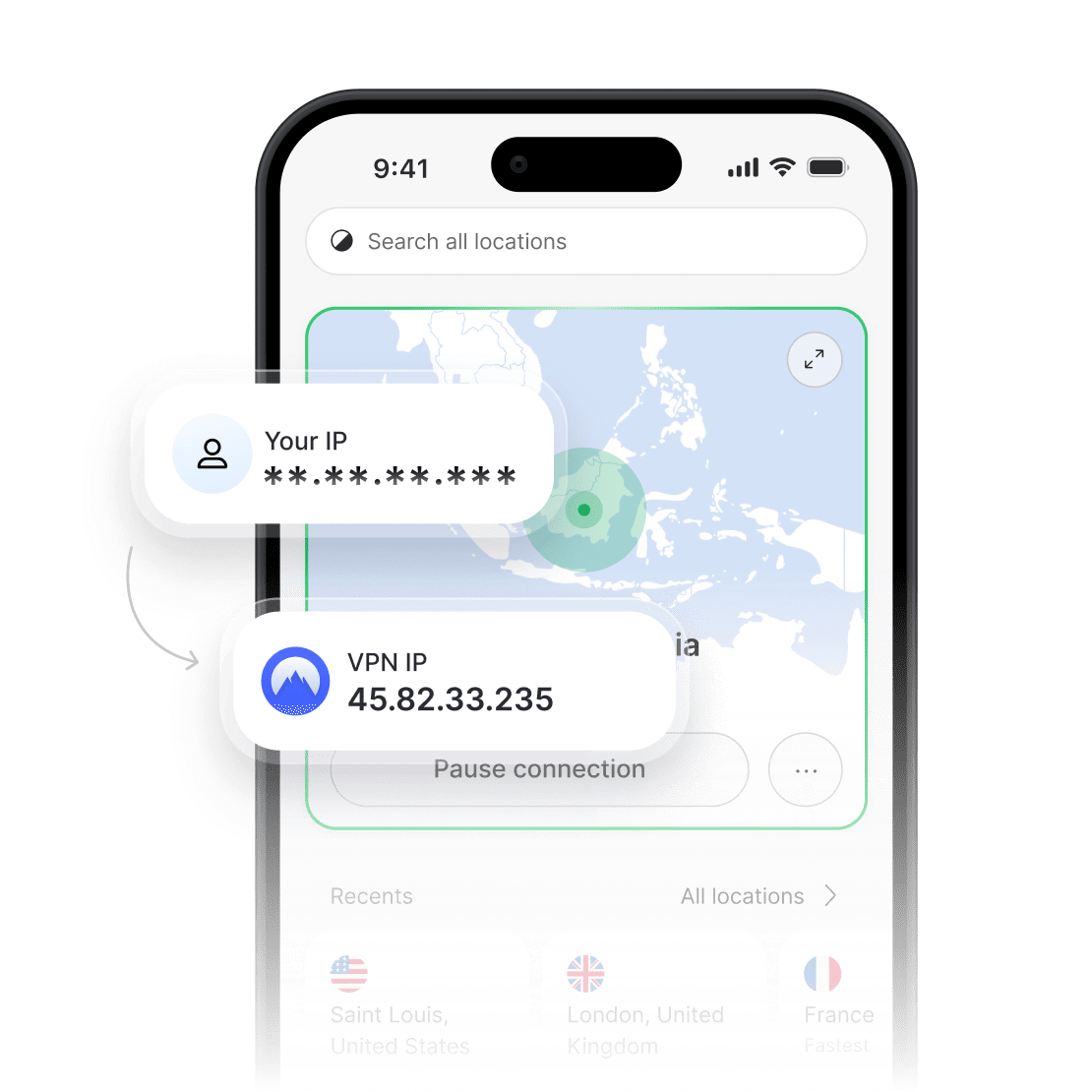 Aplikasi NordVPN menampilkan alamat IP asli yang disembunyikan dan alamat IP VPN baru.