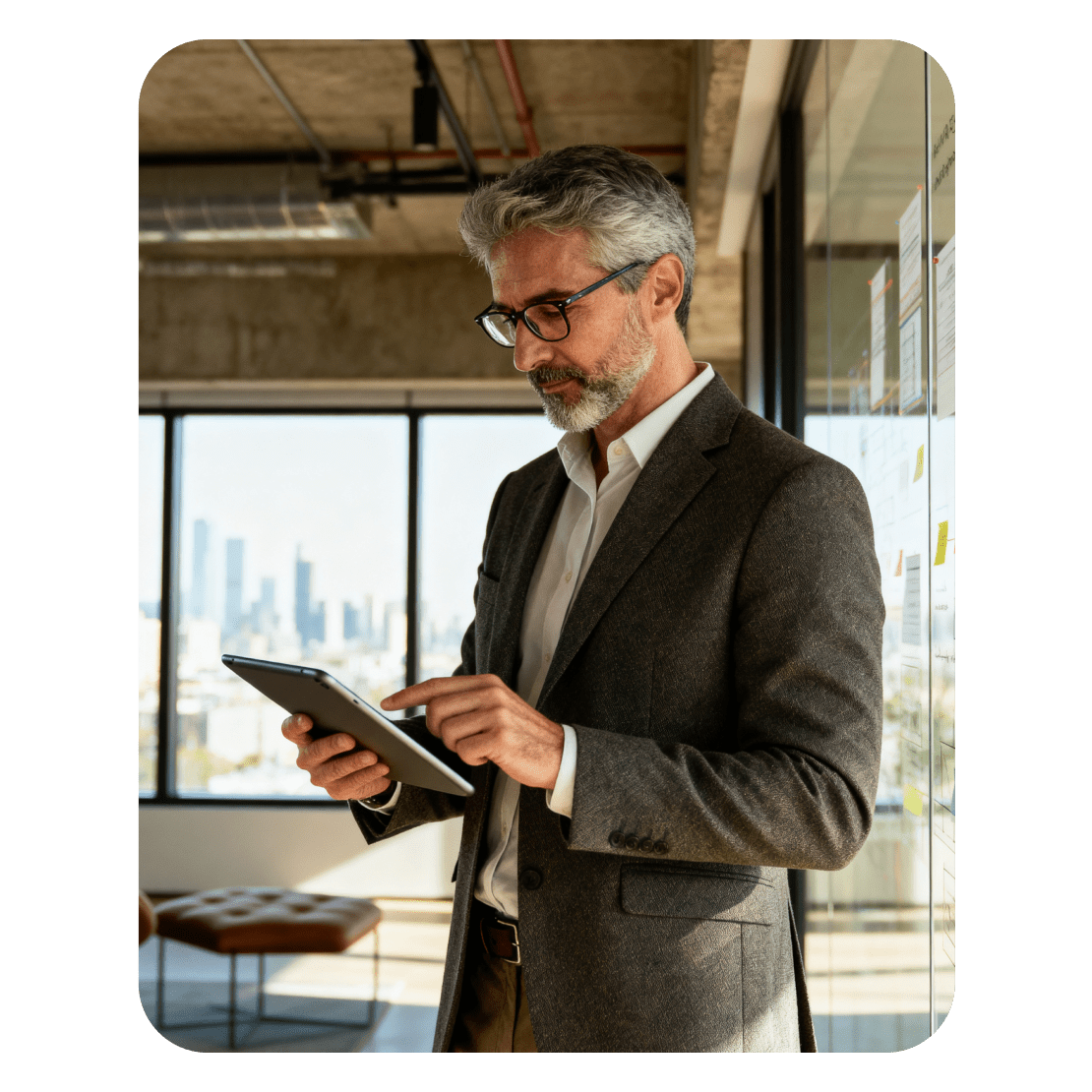 Man reviewing cybersecurity data on a tablet, analyzing digital risk or breach reports in an office setting.