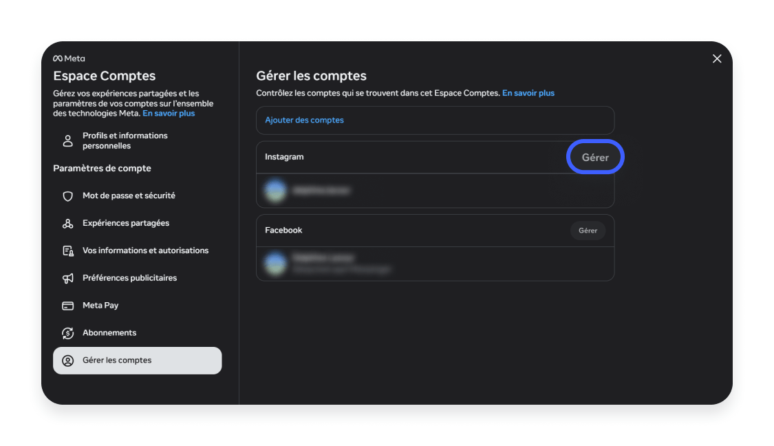 Suppression d&#39;un compte Instagram sur mobile : appuyer sur Gérer