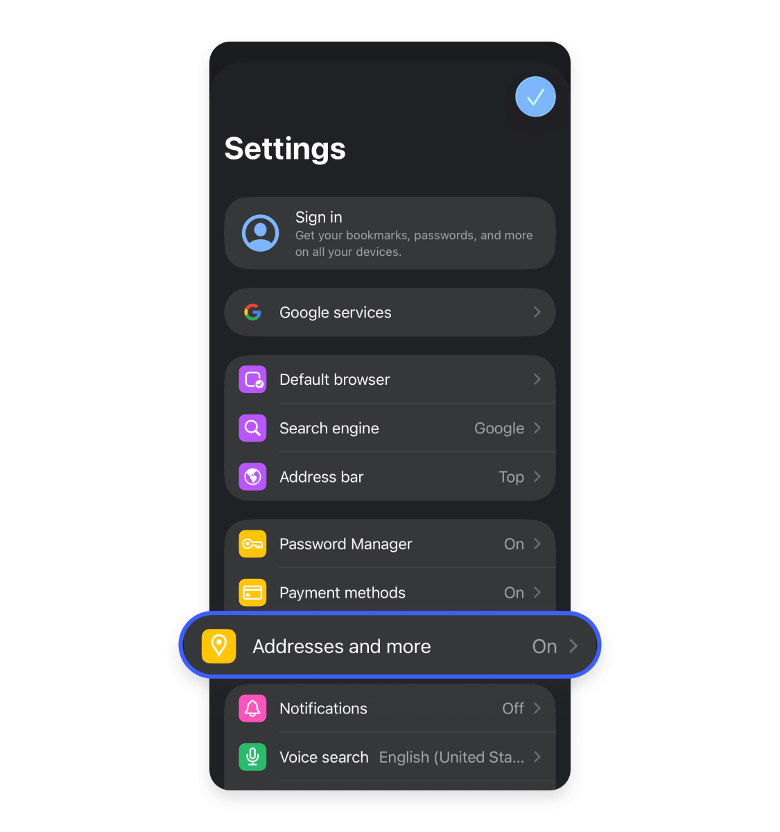 Removing autofill addresses in Chrome mobile Step 3