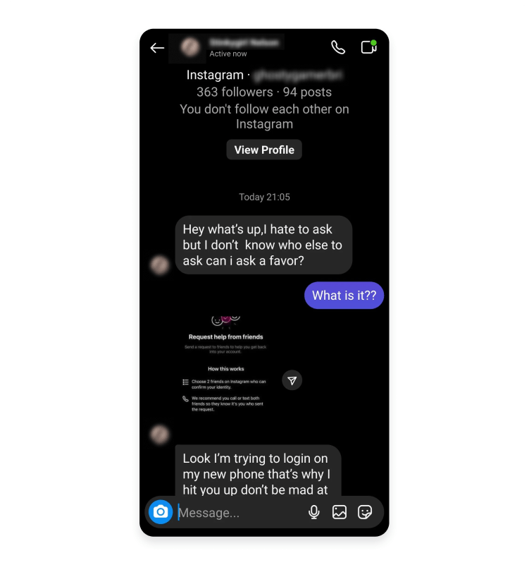 Instagram phishing message from a scammer asking for help logging in